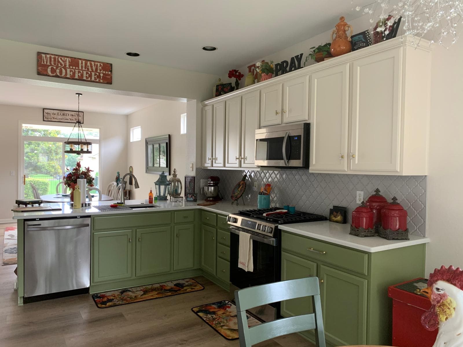 Green and white kitchen cabinet painting Georgetown TX