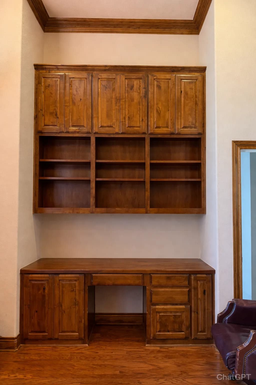 Office built-in cabinets before painting — natural wood tone Georgetown TX